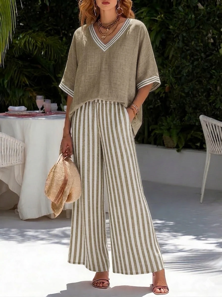 Brynn | Women's Striped V-Neck Wide Leg Pants Set - Image 7