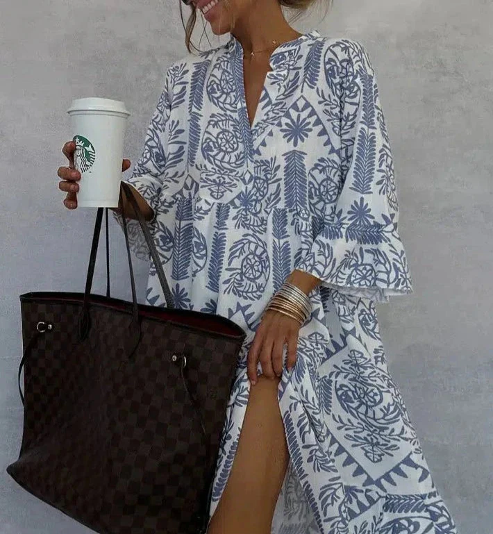 Celeste | Women's Boho Print V-Neck 3/4 Sleeve Swing Dress - Image 2