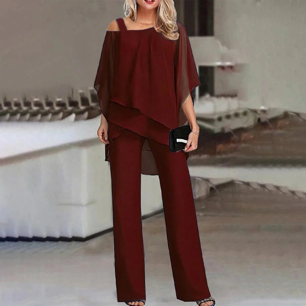 Celeste | Women's Cold Shoulder Chiffon Overlay Wide Leg Jumpsuit - Image 3