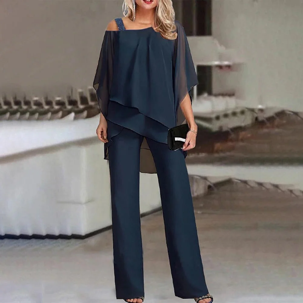 Celeste | Women's Cold Shoulder Chiffon Overlay Wide Leg Jumpsuit - Image 4