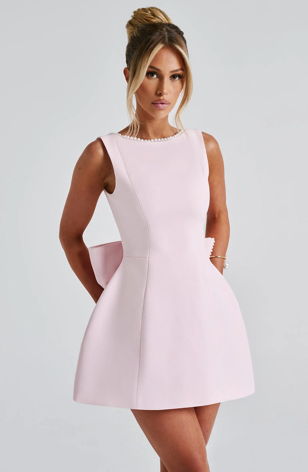 Celeste | Women's Pearl Trim A-Line Mini Dress Sleeveless - Image 4