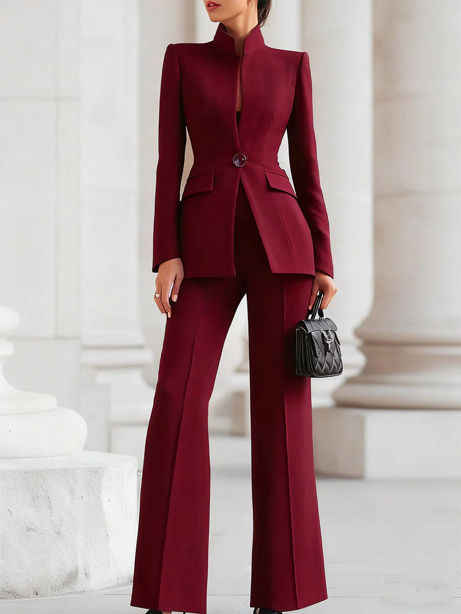 Celeste | Women's Stand Collar Blazer & Wide Leg Pants Suit Set - Image 4
