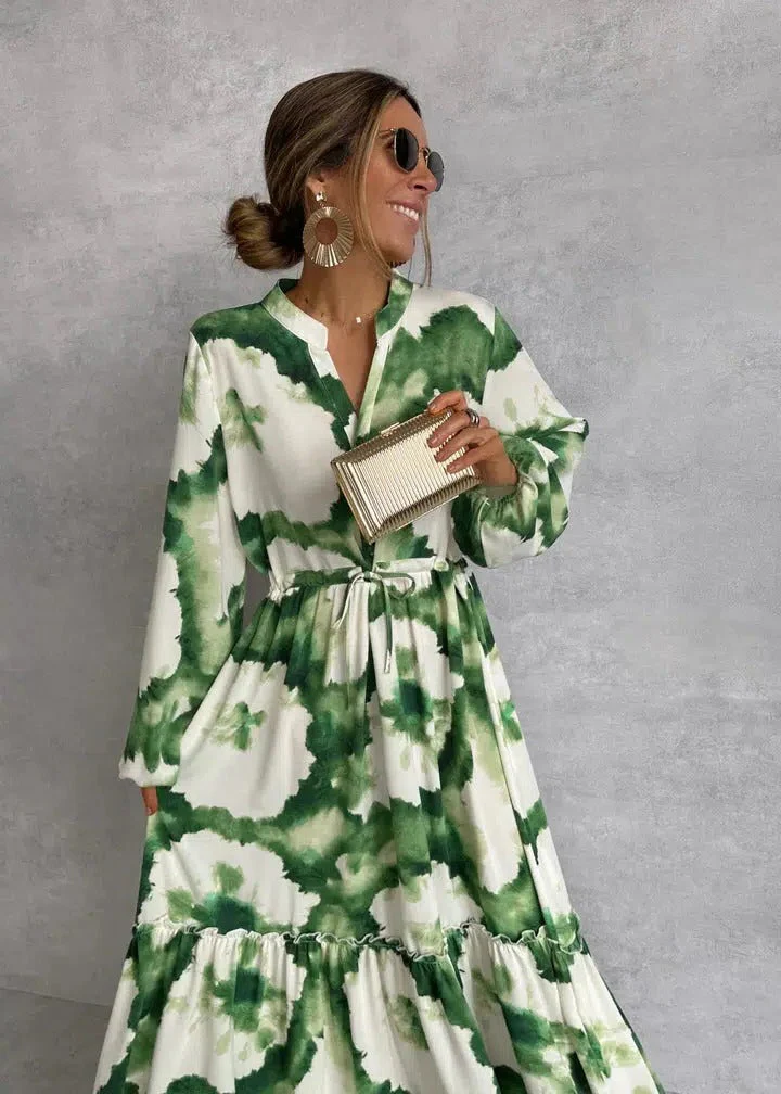 Celeste | Women's Tie-Dye Belted Long Sleeve Tiered Maxi Dress - Image 3