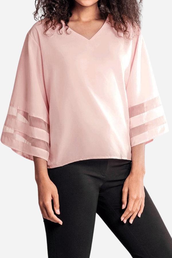 Celeste | Women's V-Neck Bell Sleeve Blouse with Mesh Panel Detail - Image 2