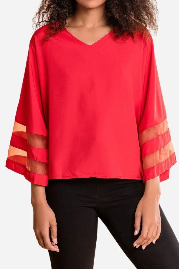 Celeste | Women's V-Neck Bell Sleeve Blouse with Mesh Panel Detail - Image 3
