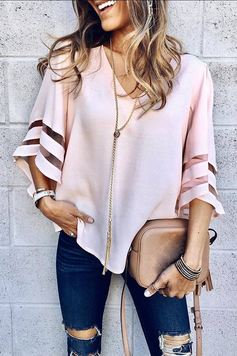 Celeste | Women's V-Neck Bell Sleeve Blouse with Mesh Panel Detail - Image 4
