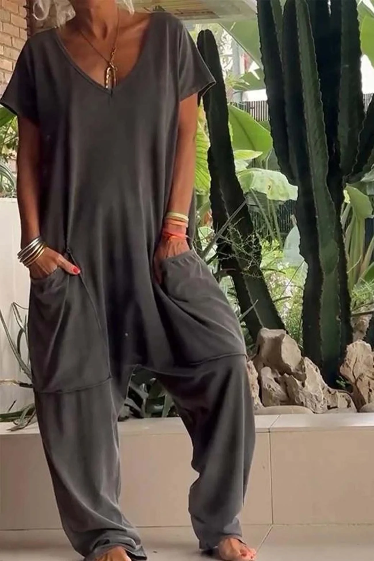 Celeste | Women's V-Neck Short Sleeve Wide Leg Jumpsuit - Image 2