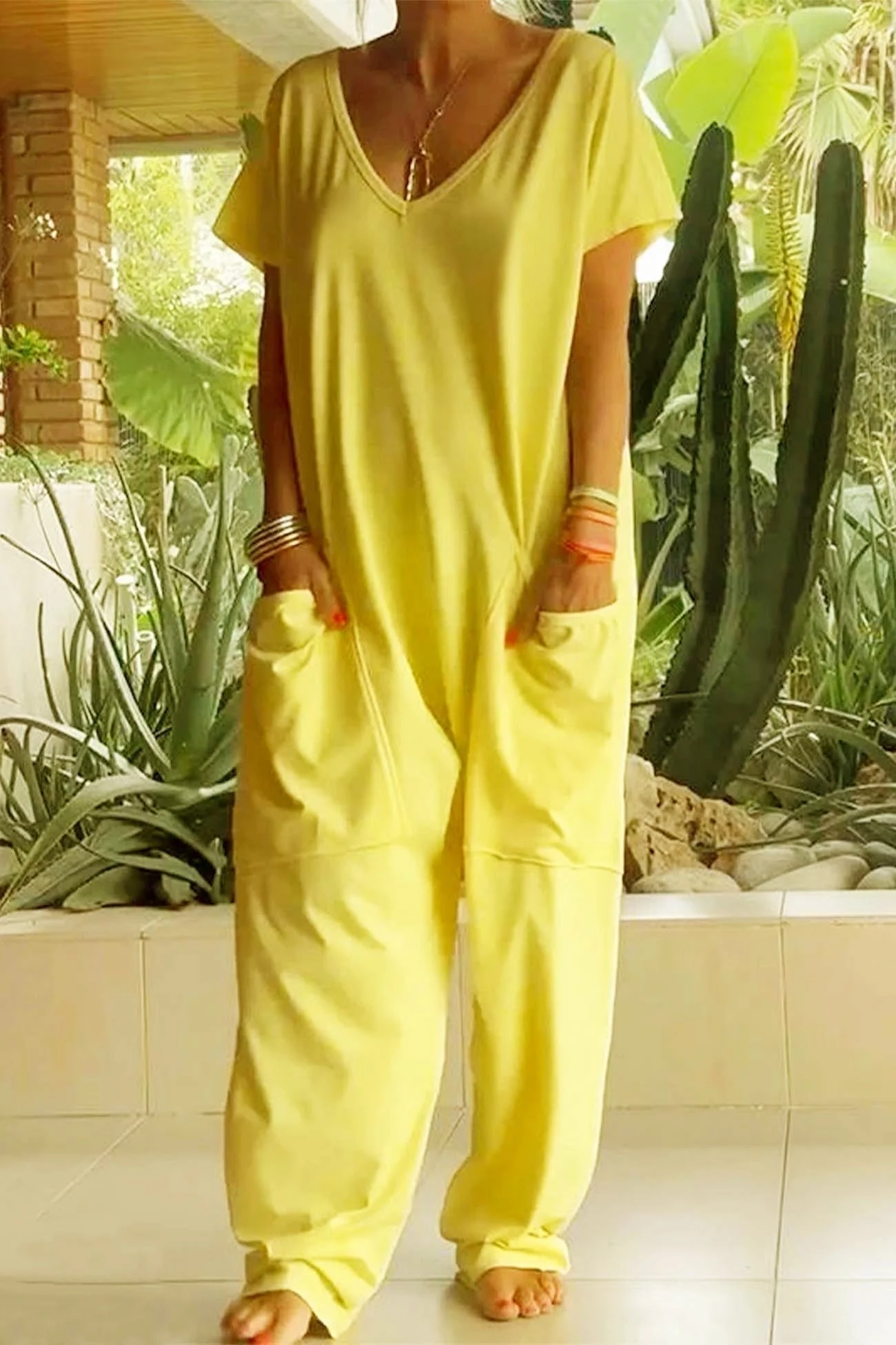 Celeste | Women's V-Neck Short Sleeve Wide Leg Jumpsuit - Image 3