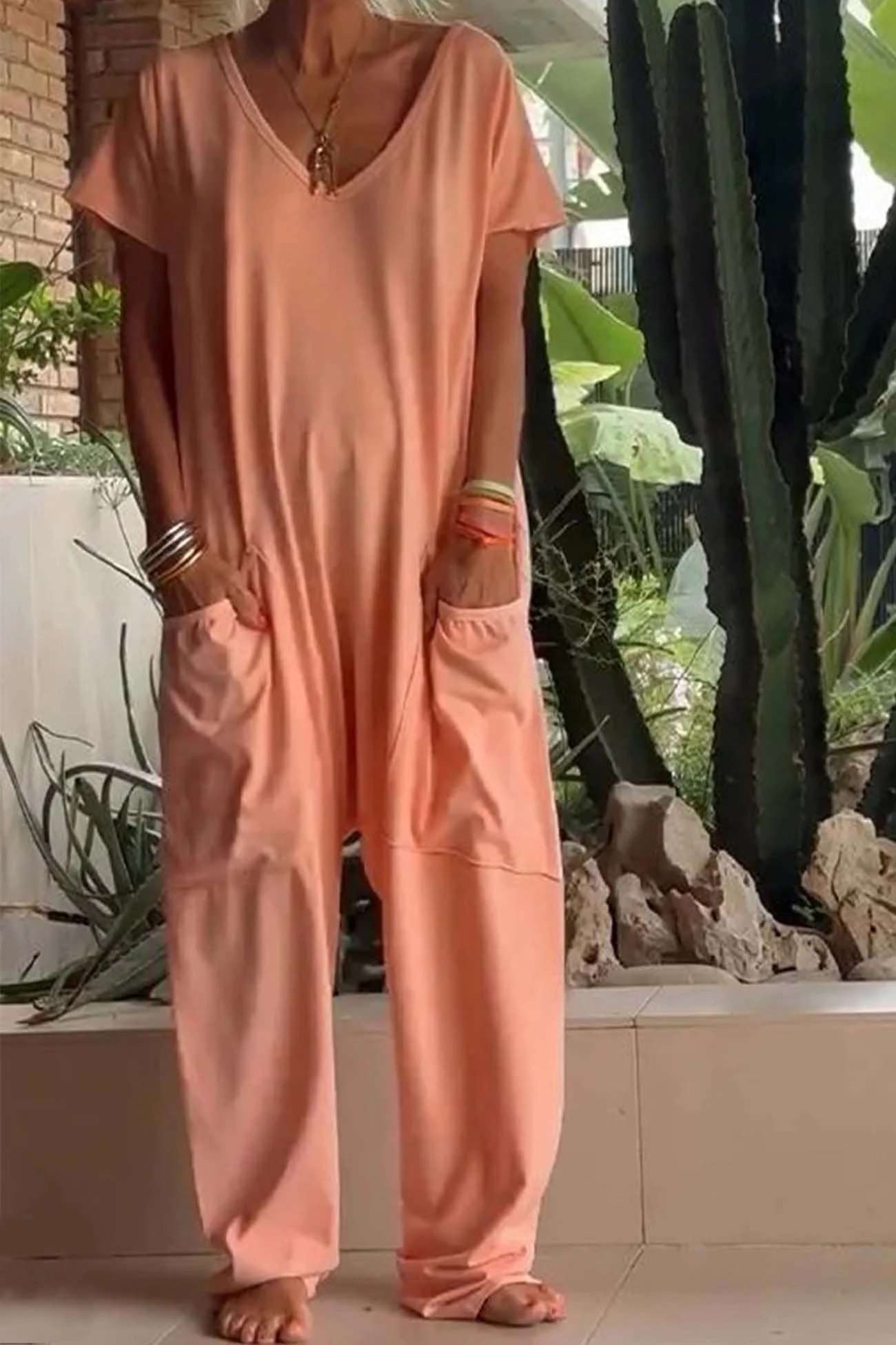 Celeste | Women's V-Neck Short Sleeve Wide Leg Jumpsuit - Image 4