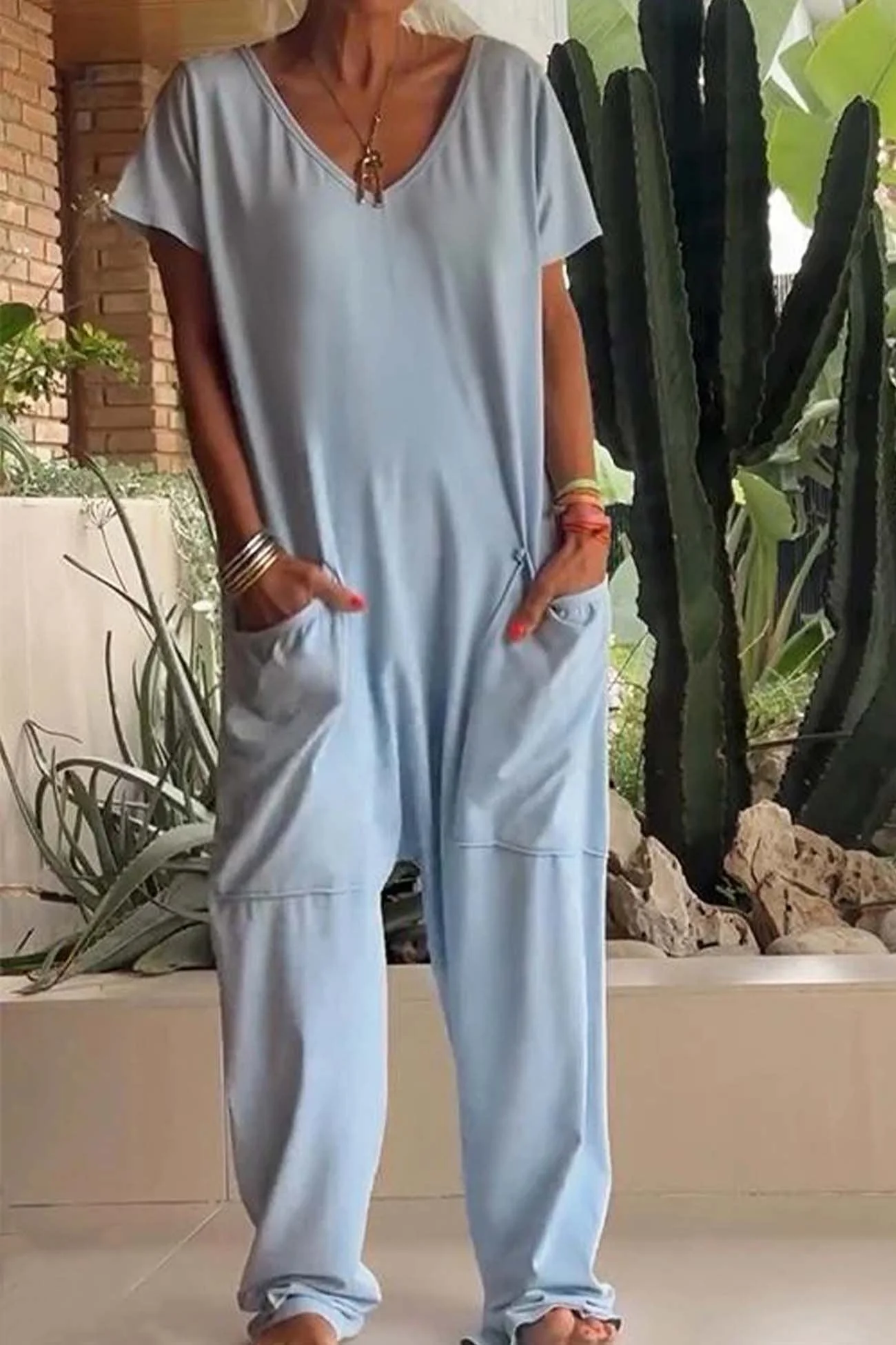 Celeste | Women's V-Neck Short Sleeve Wide Leg Jumpsuit - Image 5