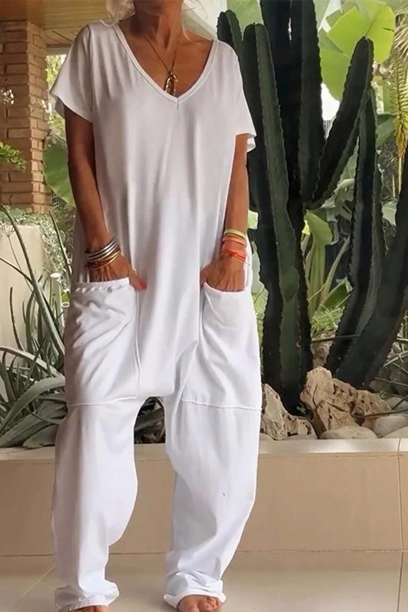 Celeste | Women's V-Neck Short Sleeve Wide Leg Jumpsuit - Image 7