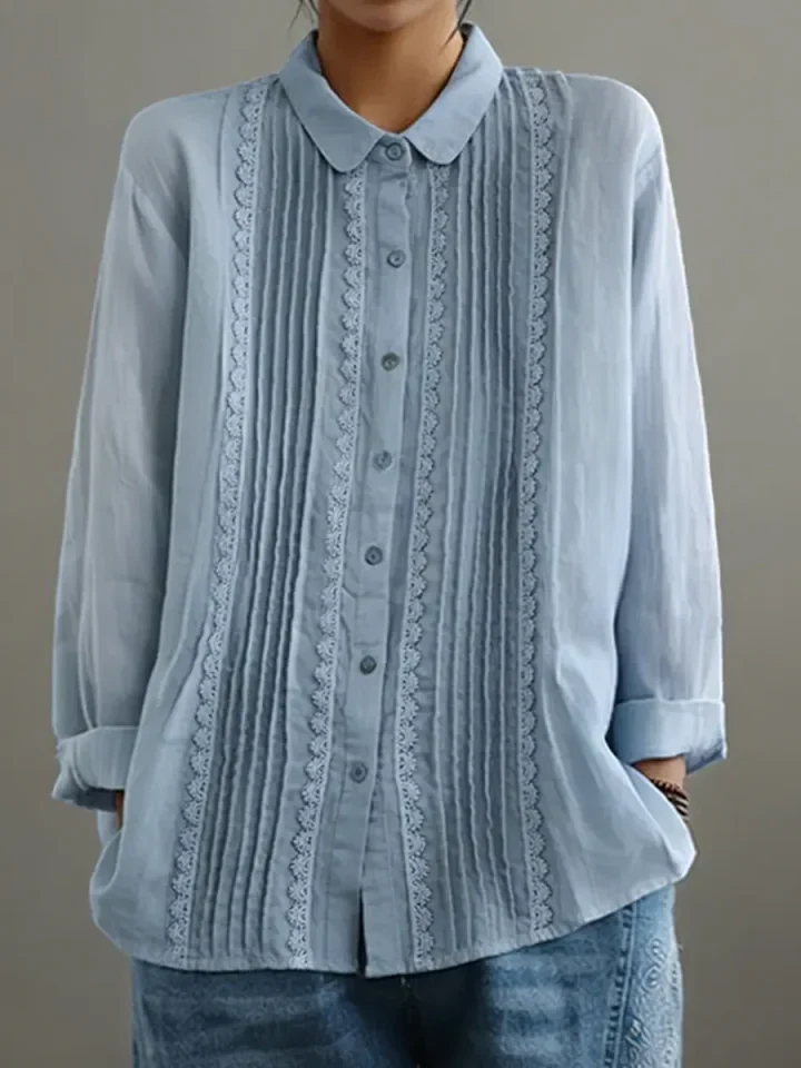 Claire | Women's Lace Trim Button-Up Long Sleeve Blouse - Image 2