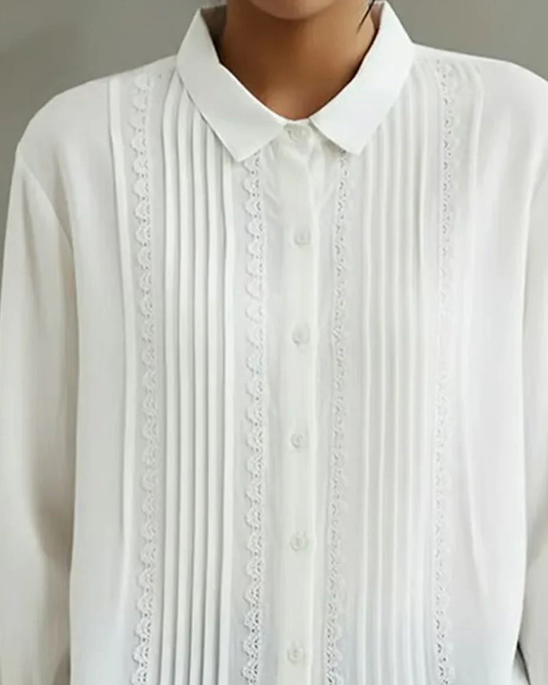 Claire | Women's Lace Trim Button-Up Long Sleeve Blouse - Image 6