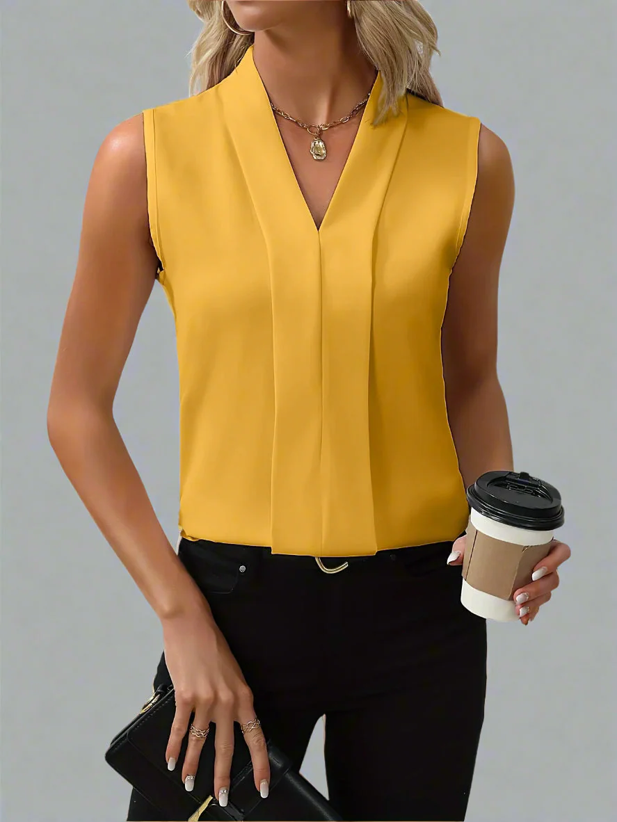 Claire | Women's V-Neck Sleeveless Pleated Front Blouse Top - Image 3