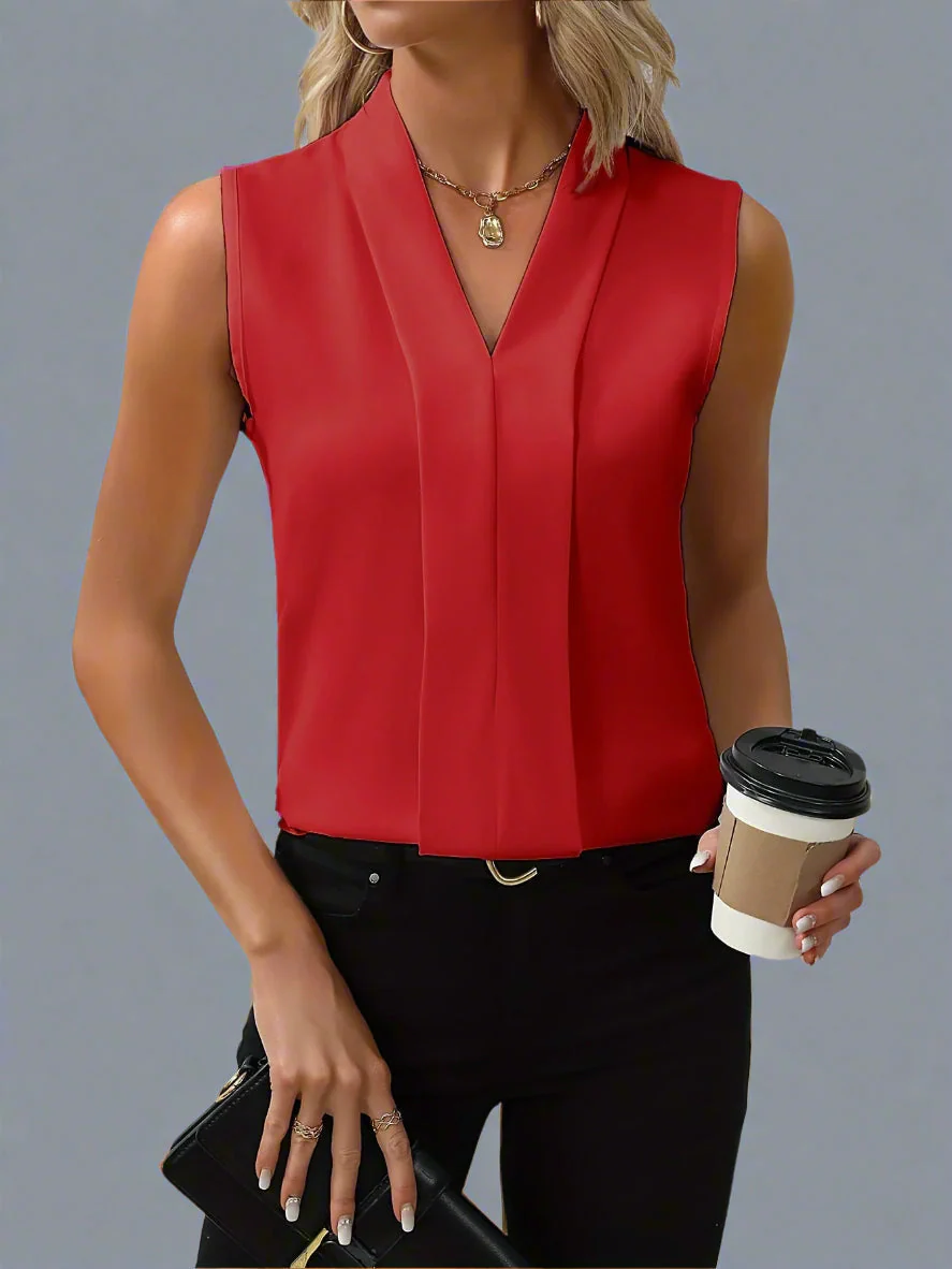 Claire | Women's V-Neck Sleeveless Pleated Front Blouse Top - Image 4
