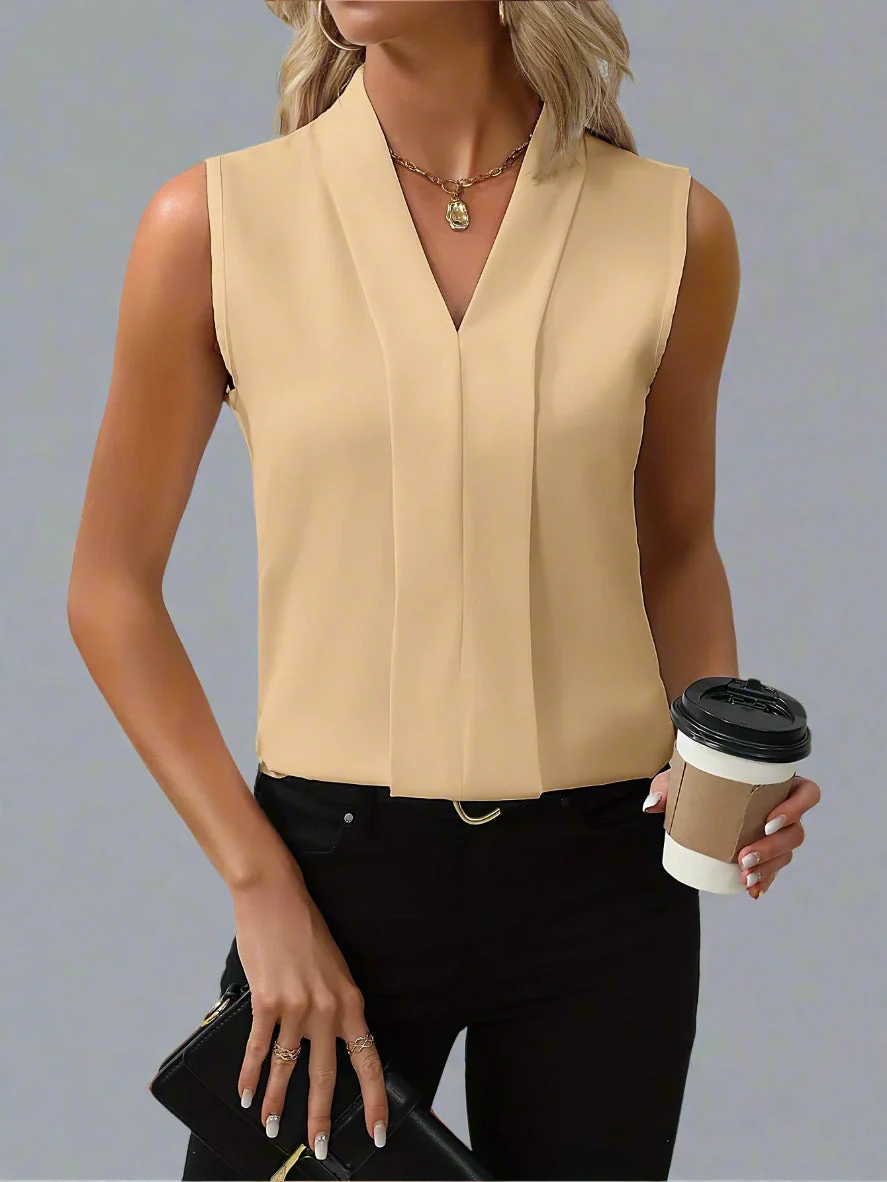 Claire | Women's V-Neck Sleeveless Pleated Front Blouse Top - Image 5
