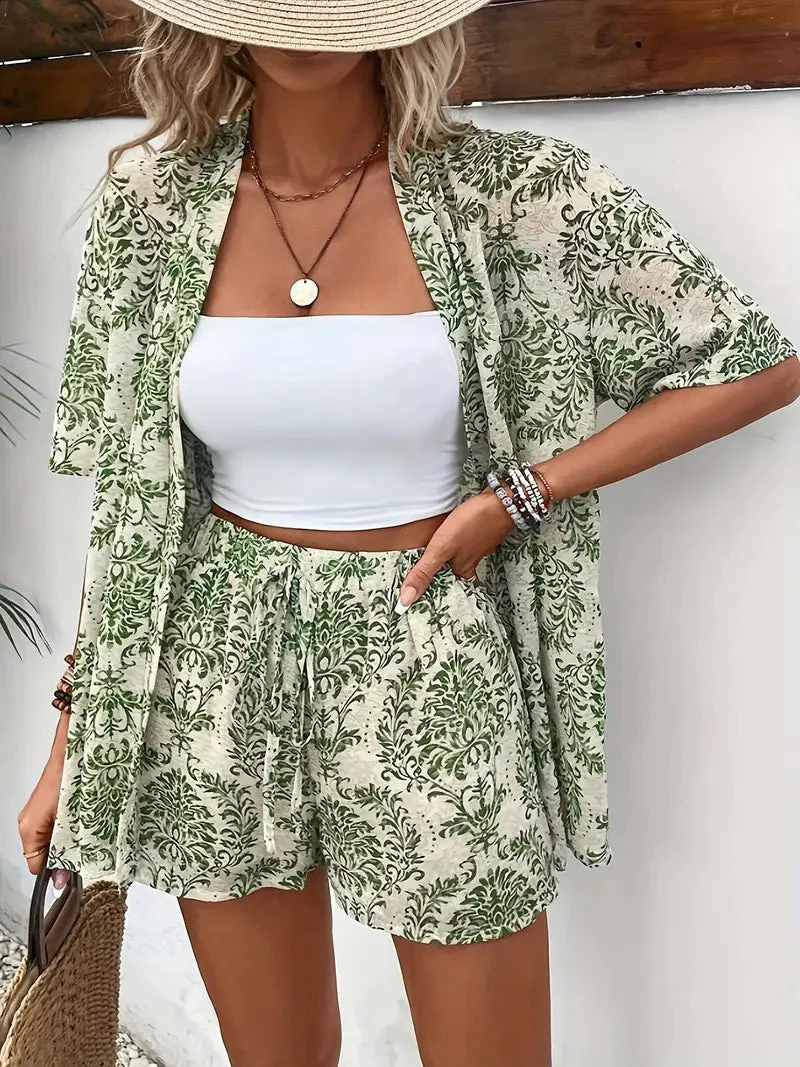 Clea | Women's Floral Kimono Cardigan and Shorts Two Piece Set - Image 6