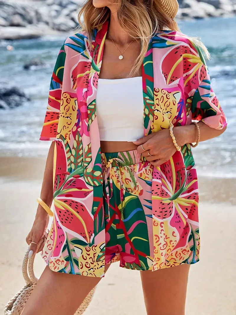 Clea | Women's Floral Kimono Cardigan and Shorts Two Piece Set - Image 7