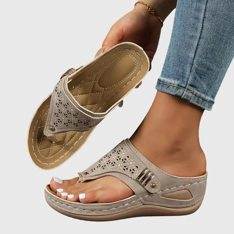 Cleo | Women's Wedge Toe Loop Sandals with Laser Cut Detail - Image 4