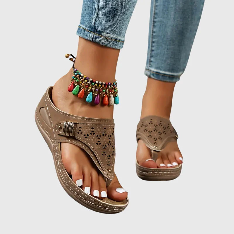 Cleo | Women's Wedge Toe Loop Sandals with Laser Cut Detail - Image 5