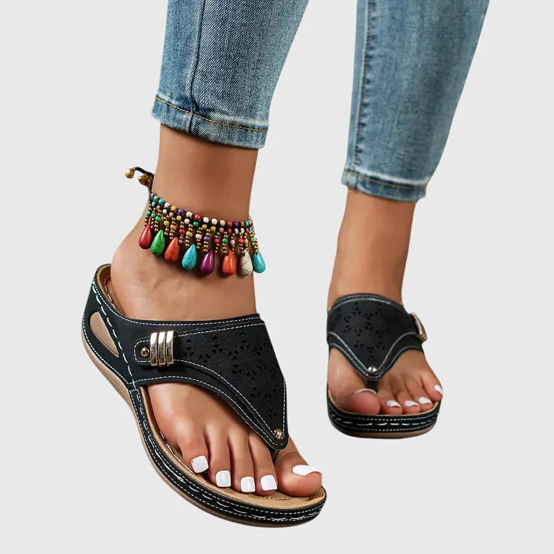 Cleo | Women's Wedge Toe Loop Sandals with Laser Cut Detail - Image 6
