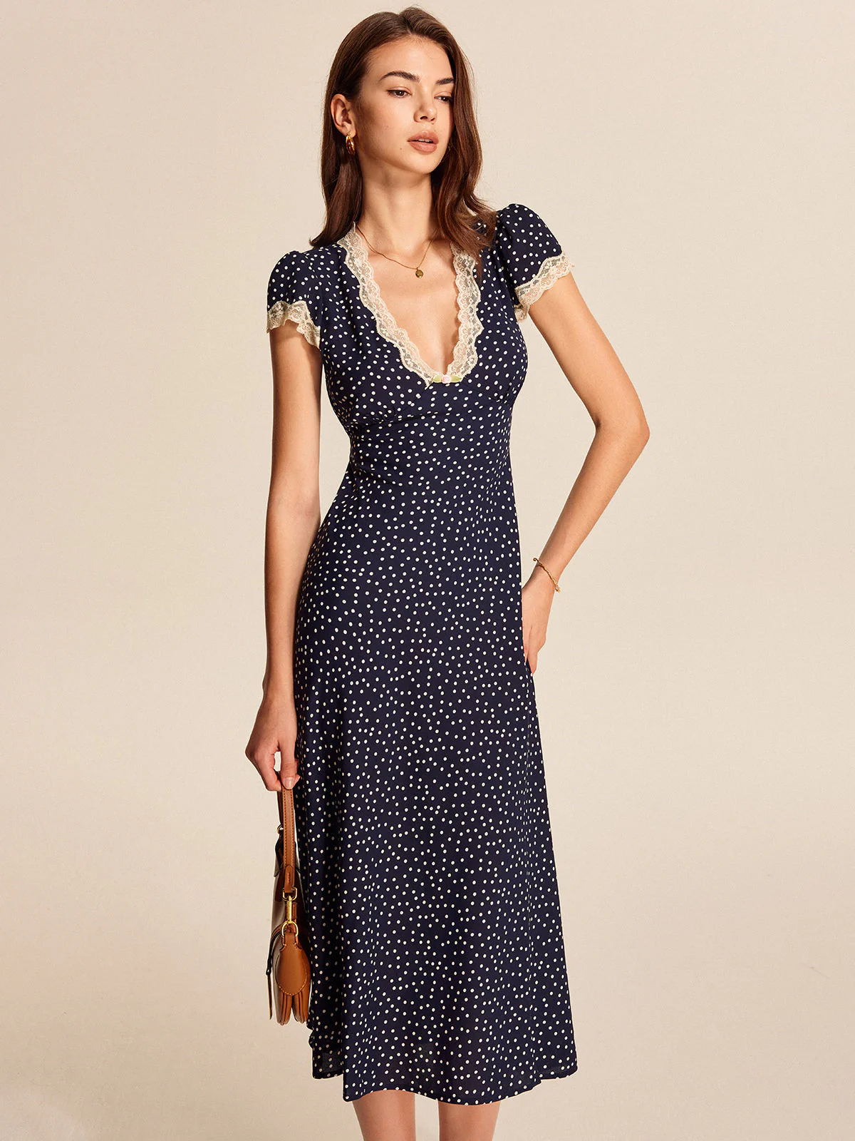 Colette | Women's Polka Dot Lace Trim V-Neck Cap Sleeve Midi Dress - Image 3