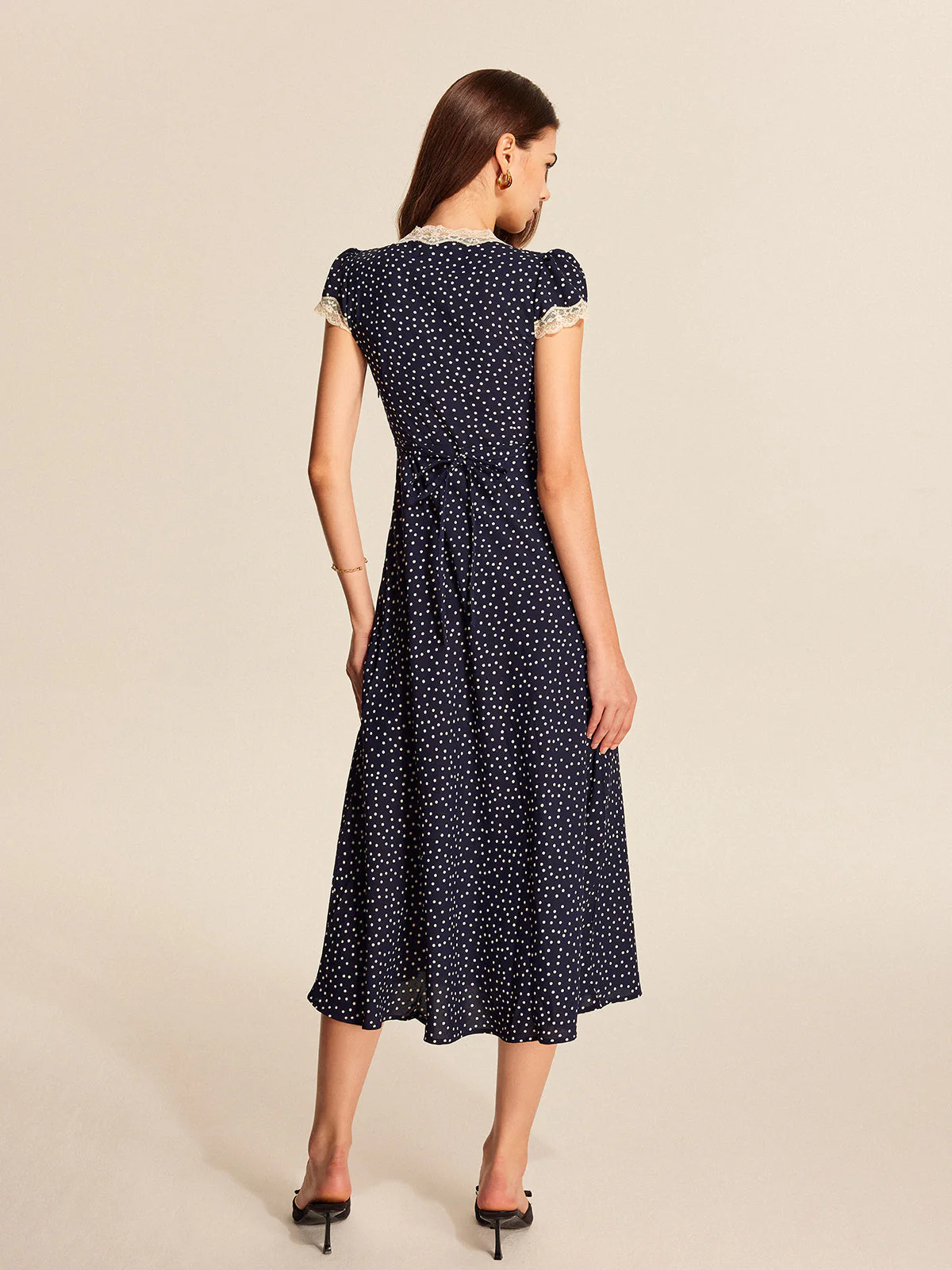 Colette | Women's Polka Dot Lace Trim V-Neck Cap Sleeve Midi Dress - Image 6