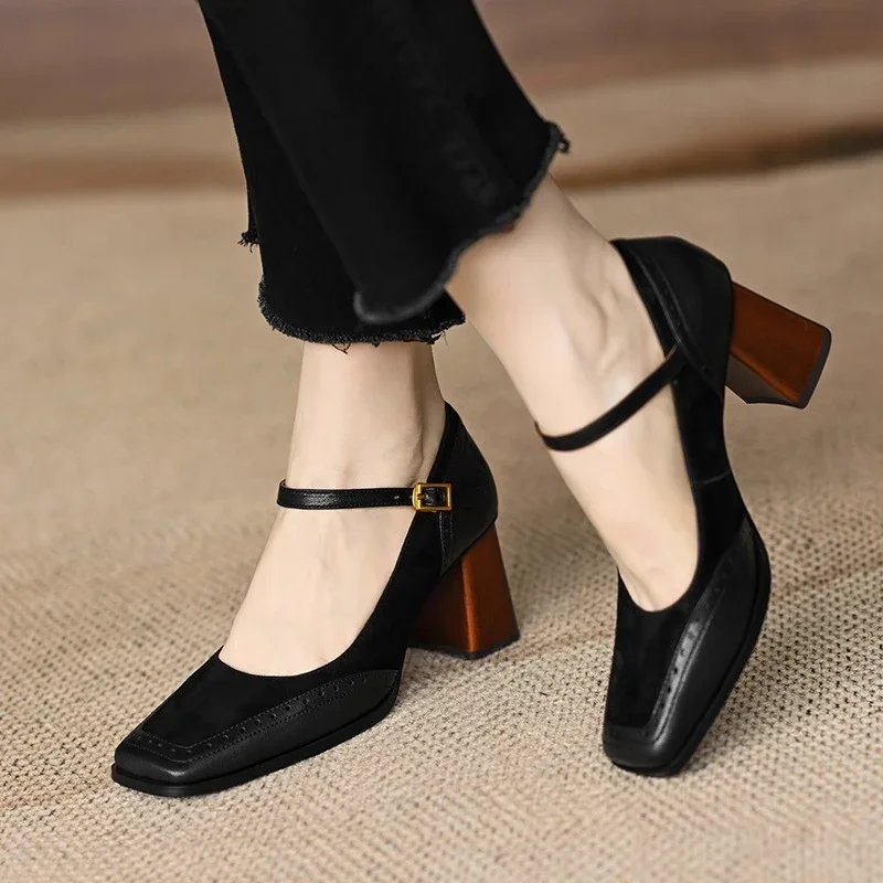 Constance | Women's Square Toe Block Heel Pumps Ankle Strap Brogue - Image 10