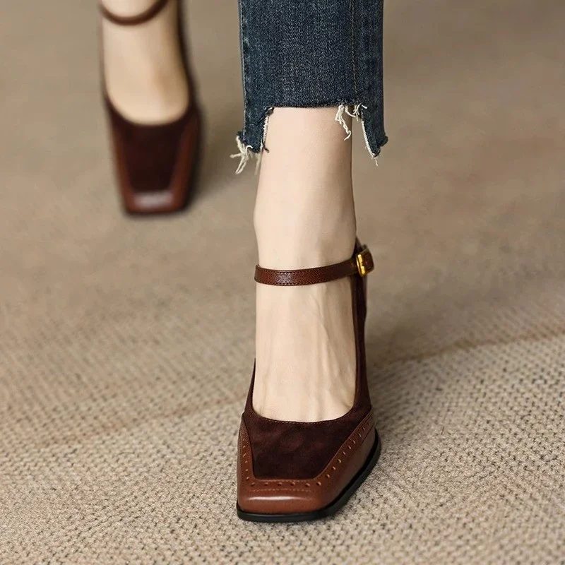 Constance | Women's Square Toe Block Heel Pumps Ankle Strap Brogue - Image 3