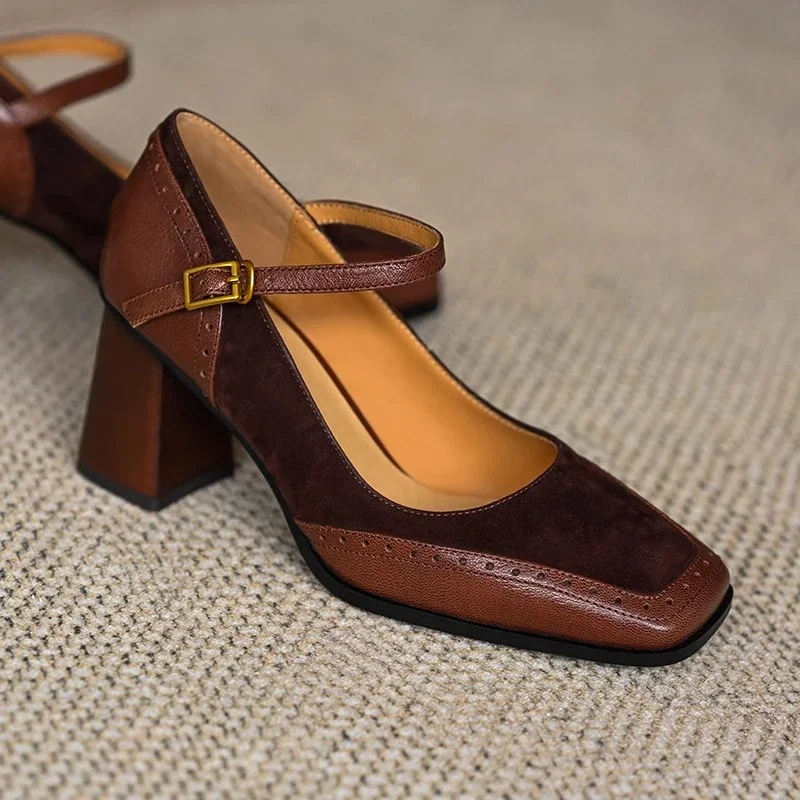 Constance | Women's Square Toe Block Heel Pumps Ankle Strap Brogue - Image 4