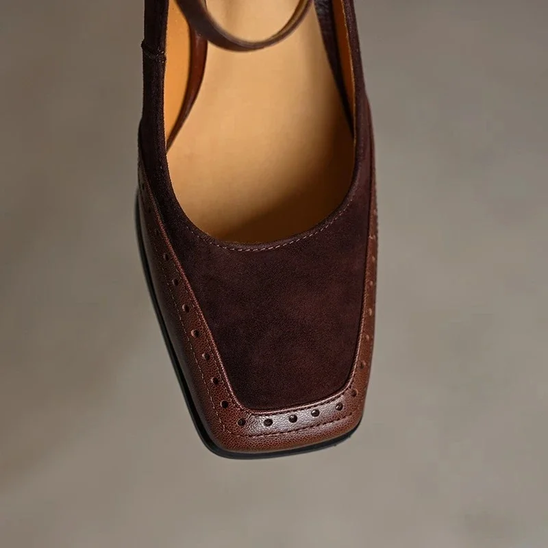 Constance | Women's Square Toe Block Heel Pumps Ankle Strap Brogue - Image 5