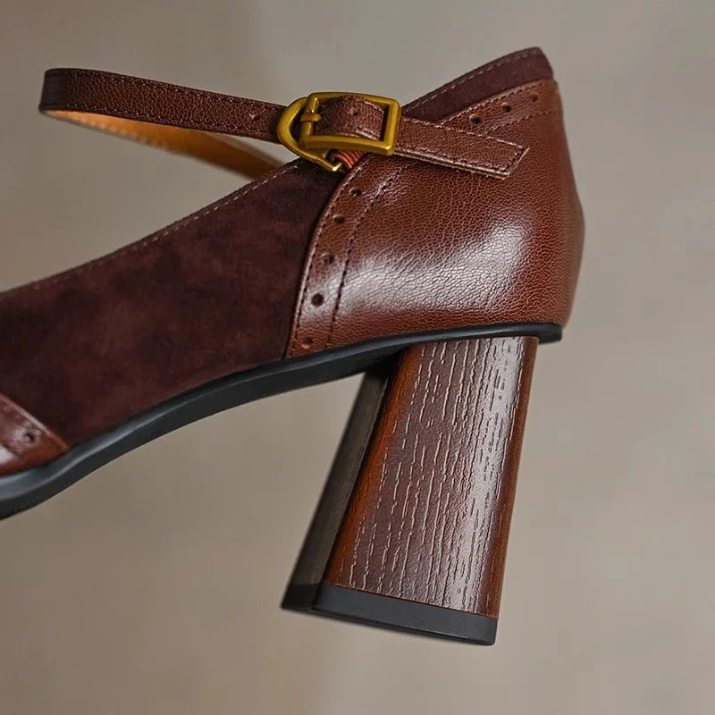 Constance | Women's Square Toe Block Heel Pumps Ankle Strap Brogue - Image 7
