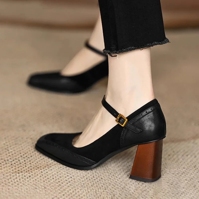 Constance | Women's Square Toe Block Heel Pumps Ankle Strap Brogue - Image 8