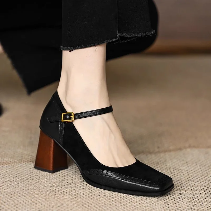 Constance | Women's Square Toe Block Heel Pumps Ankle Strap Brogue - Image 9