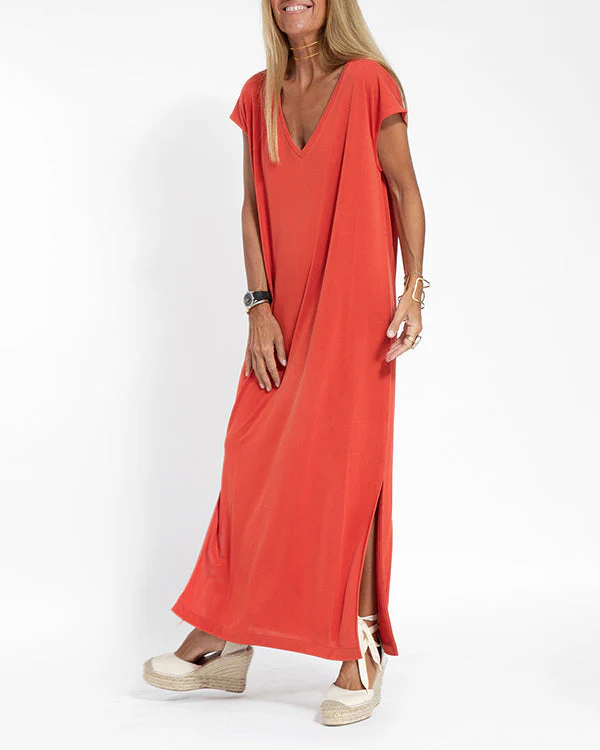 Coral | Women's V-Neck Short Sleeve Side Slit Maxi Dress - Image 3