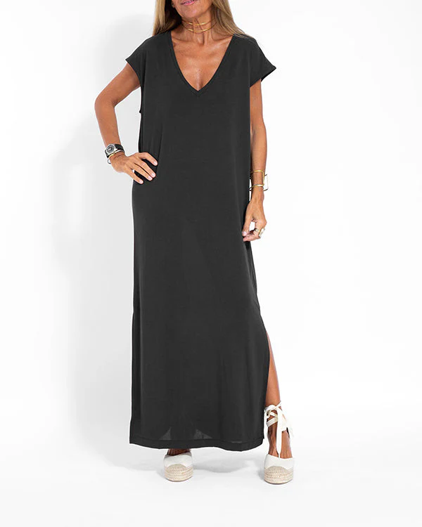 Coral | Women's V-Neck Short Sleeve Side Slit Maxi Dress - Image 4