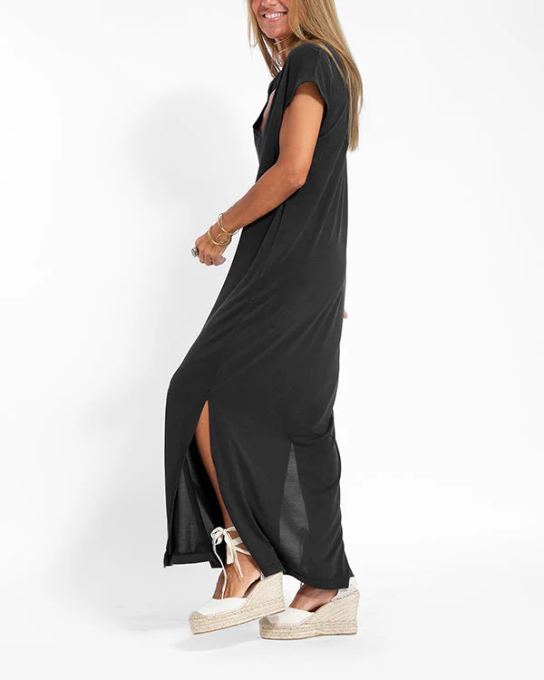 Coral | Women's V-Neck Short Sleeve Side Slit Maxi Dress - Image 5