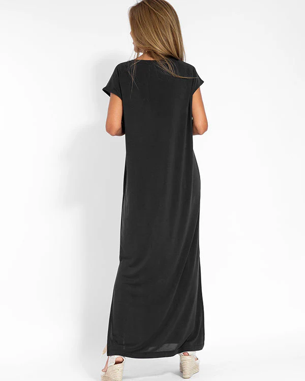 Coral | Women's V-Neck Short Sleeve Side Slit Maxi Dress - Image 6