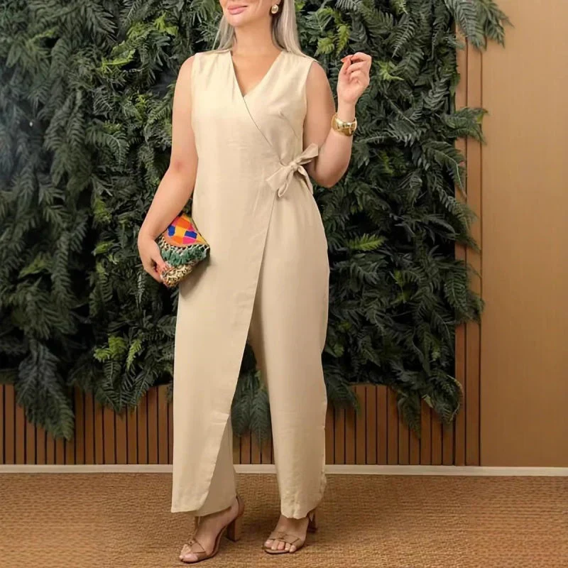Coral | Women's Wrap V-Neck Sleeveless Wide Leg Jumpsuit Belted - Image 2