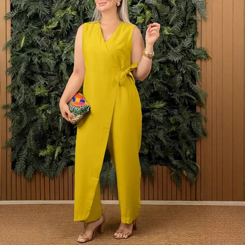 Coral | Women's Wrap V-Neck Sleeveless Wide Leg Jumpsuit Belted - Image 5
