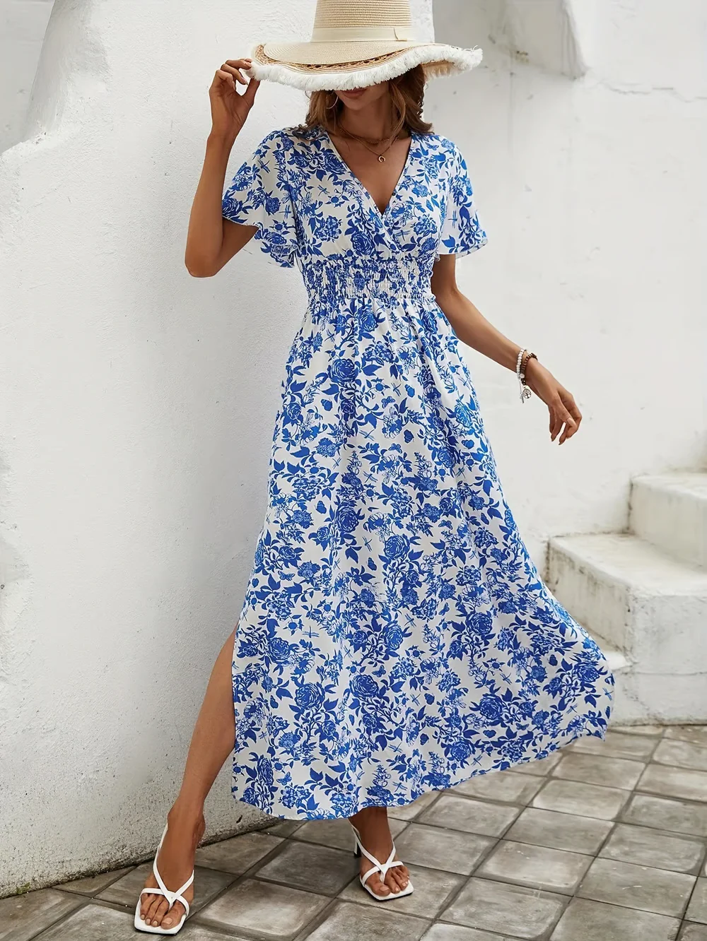 Delilah | Women's Floral V Neck Short Sleeve Maxi Dress - Image 6