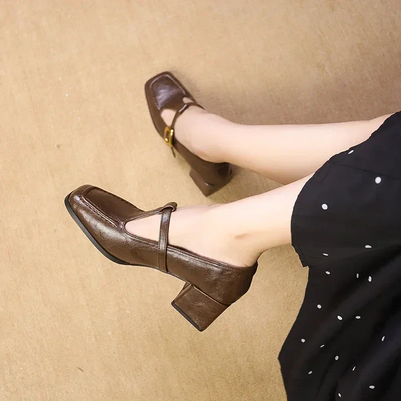 Odette | Women's Square Toe Mary Jane Heels Block Heel Gold Buckle - Image 3
