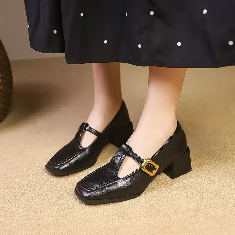 Odette | Women's Square Toe Mary Jane Heels Block Heel Gold Buckle - Image 4
