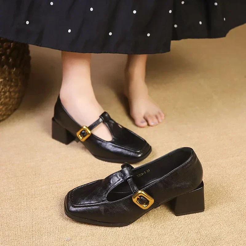 Odette | Women's Square Toe Mary Jane Heels Block Heel Gold Buckle - Image 5