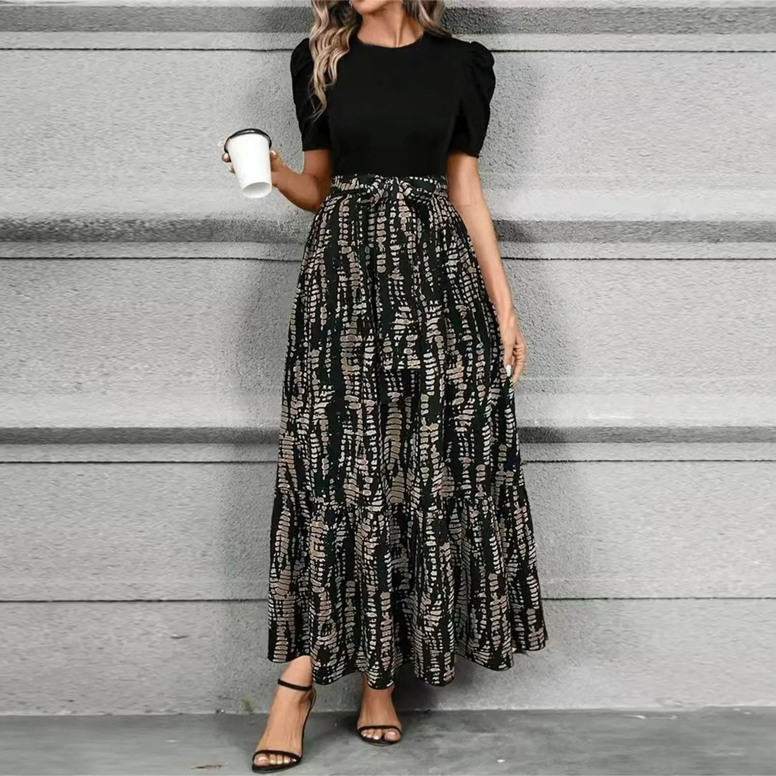 Elise | Women's Puff Sleeve Floral Maxi Dress with Tie Waist - Image 2