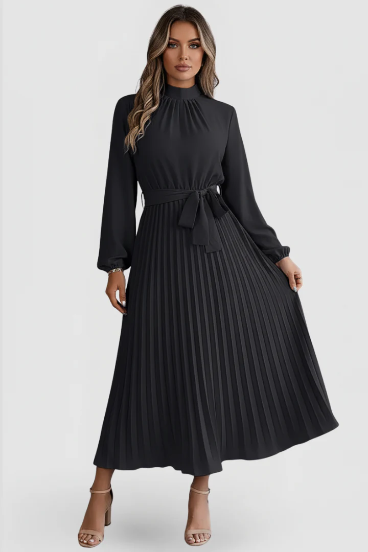Elowen | Women's Mock Neck Long Sleeve Pleated Midi Dress - Image 10