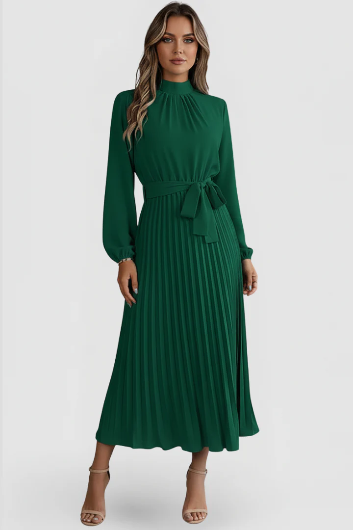Elowen | Women's Mock Neck Long Sleeve Pleated Midi Dress - Image 6