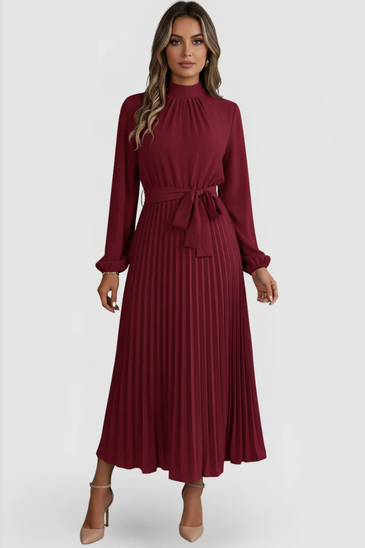 Elowen | Women's Mock Neck Long Sleeve Pleated Midi Dress - Image 7