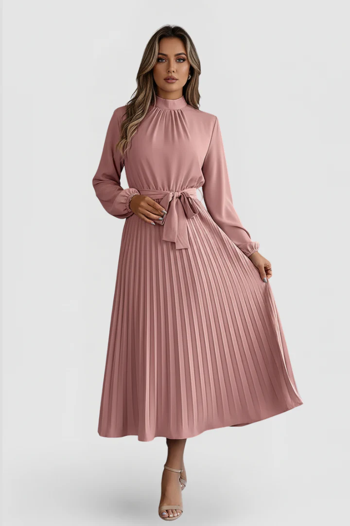 Elowen | Women's Mock Neck Long Sleeve Pleated Midi Dress - Image 8