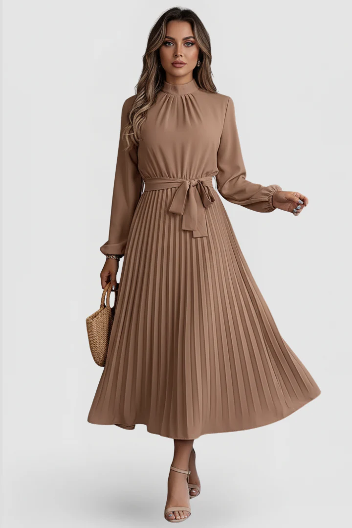 Elowen | Women's Mock Neck Long Sleeve Pleated Midi Dress - Image 9